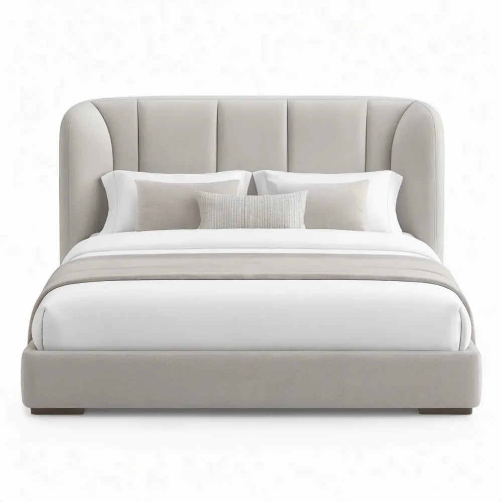 Beige gestoffeerd bed 180 x 200 cm met gebogen hoofdbord van polyester