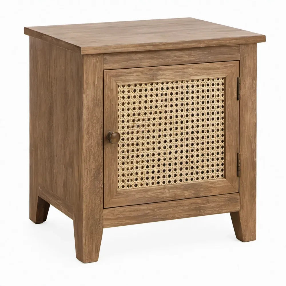 Nachtkastje van massief mangohout en rotan met deur, 40 x 35 x 55 cm, naturelbruin/naturel beige