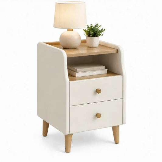 Nachtkastje met 2 lades en open vak, 45 x 38 x 65 cm, Wit/Naturel, MDF en rubberhout
