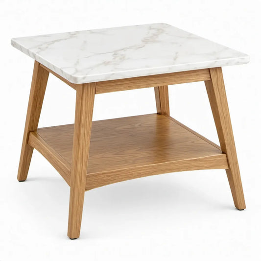 Vierkante bijzettafel 50 x 50 x 55 cm met marmerlook blad, wit/grijs en naturel eiken