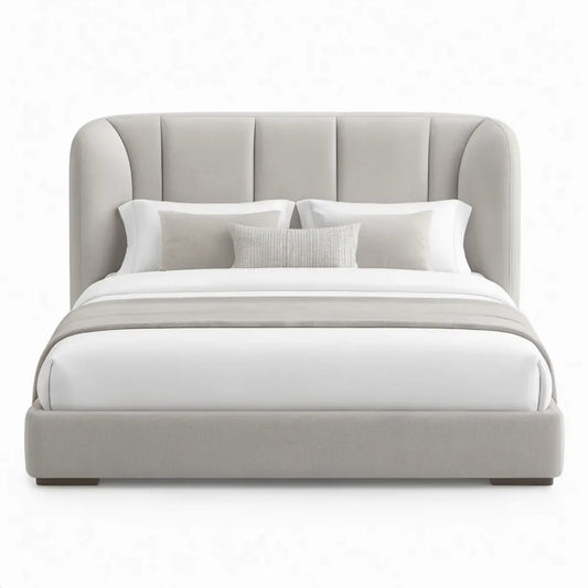 Beige gestoffeerd bed 180 x 200 cm met gebogen hoofdbord van polyester