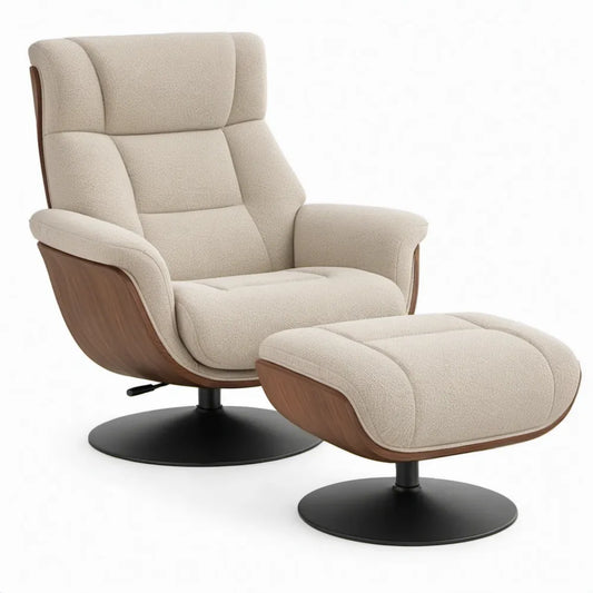 Verstelbare draaifauteuil met voetenbank, crème bouclé, walnootbruin en zwart, 80 x 85 x 108 cm