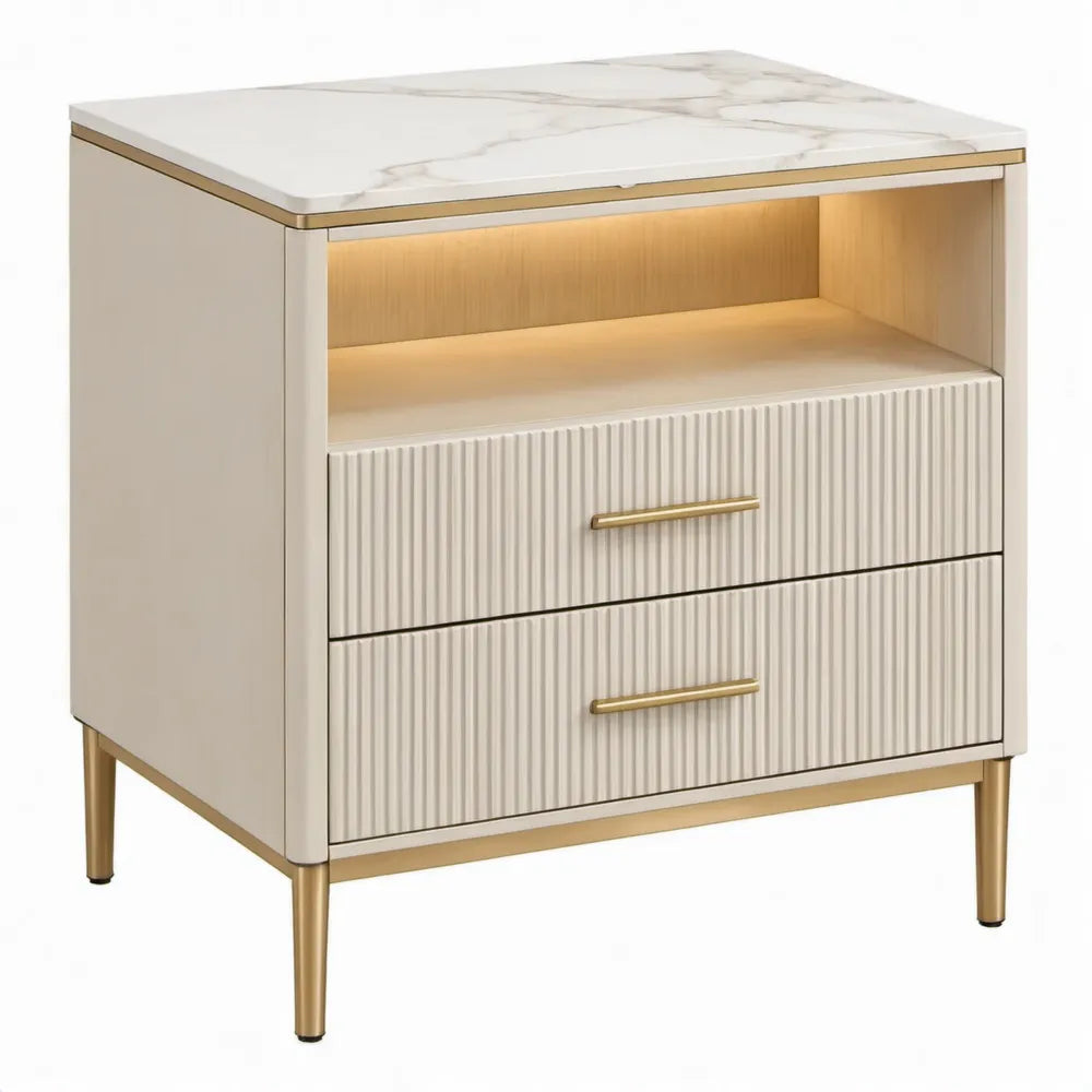 Wit-gouden nachtkastje met 2 laden, ledverlichting en marmerlook blad, 50 x 40 x 60 cm