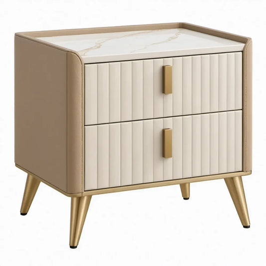 Nachtkastje met 2 laden, 50 x 40 x 55 cm, beige, wit en goudkleurig, PU-kunstleer en MDF