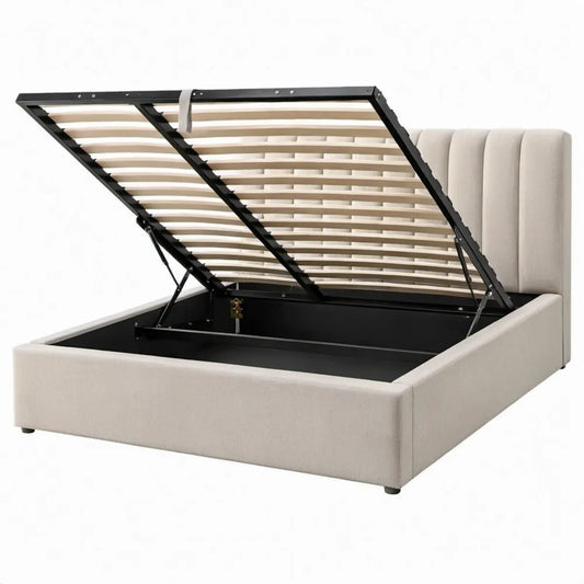 Beige gestoffeerd bedframe met opbergruimte en opklapbare lattenbodem 160 x 200 cm
