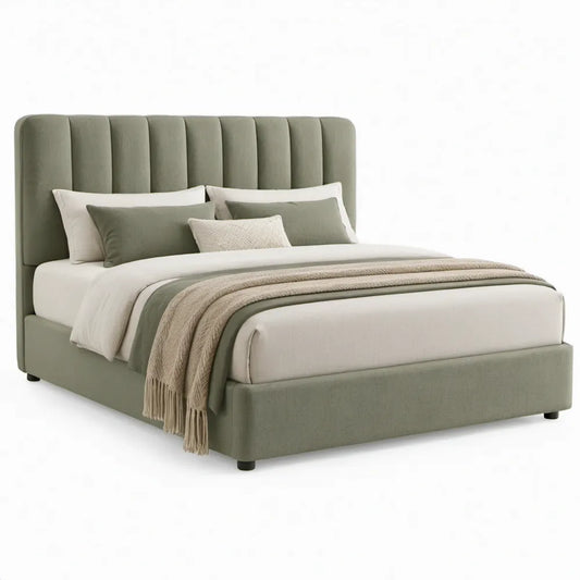 Gestoffeerd tweepersoonsbed 160 x 200 cm in saliegroen met verticaal gestikt hoofdbord