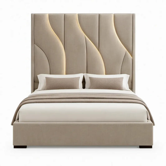 Beige gestoffeerd tweepersoonsbed met warmwitte ledverlichting, 180 x 200 cm