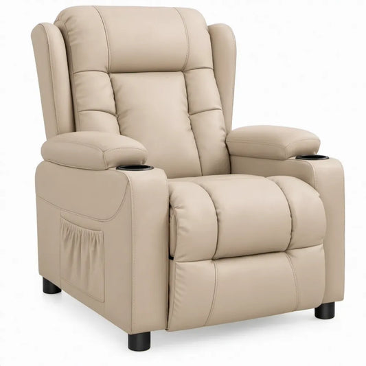 Handmatig verstelbare relaxfauteuil met voetensteun en bekerhouders, 90 x 92 x 103 cm, beige PU-kunstleer