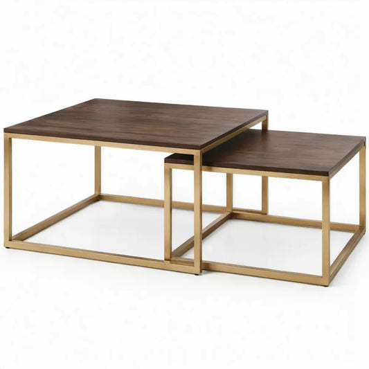 Set van 2 vierkante salontafels, donkerbruin en goud, 80 x 80 x 45 cm en 70 x 70 x 35 cm