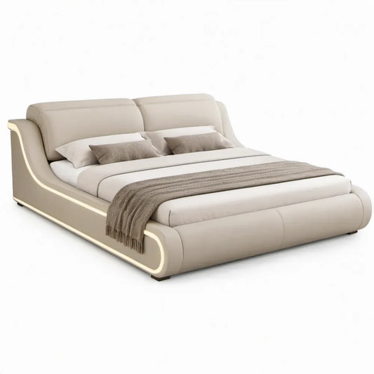 Tweepersoonsbed 180 x 200 cm Beige met Gebogen Hoofdbord, PU-kunstleer en Geïntegreerde Verlichting