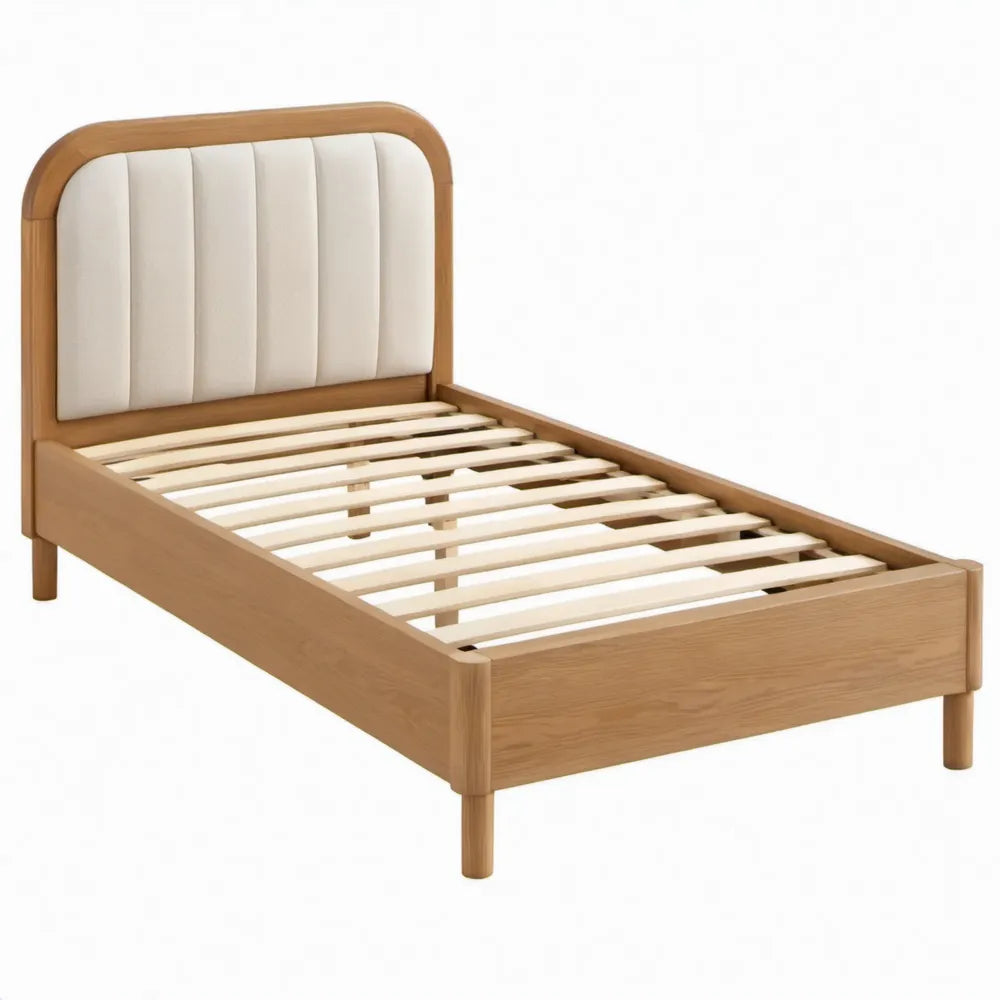 Eenpersoonsbed 90 x 200 cm van naturel rubberhout met beige gestoffeerd hoofdbord
