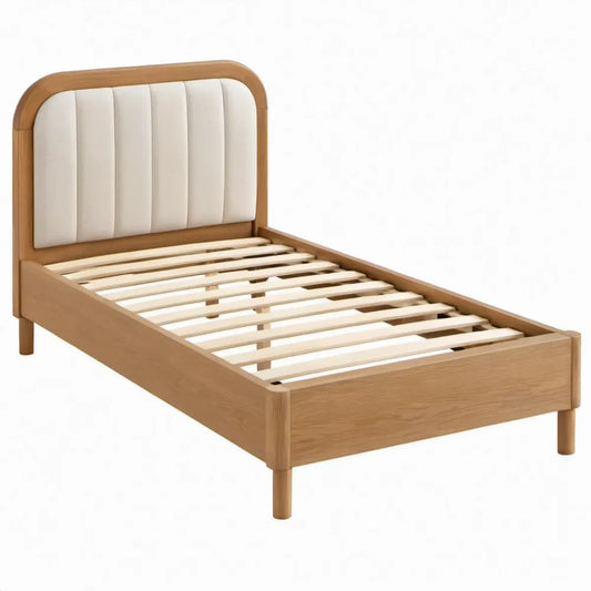 Eenpersoonsbed 90 x 200 cm van naturel rubberhout met beige gestoffeerd hoofdbord