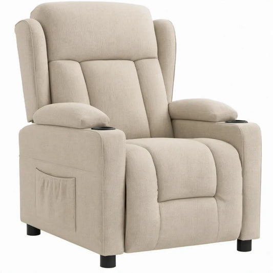Handmatig verstelbare beige relaxfauteuil met voetensteun, bekerhouders en zijvak, 88 x 93 x 101 cm