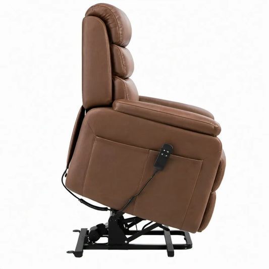Elektrische sta-opfauteuil met relaxfunctie, bruin PU, 83 x 92 x 109 cm